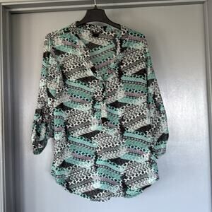 Rock 47 Sheer Geo sz L Women's Pullover V-Neck 3 Button Top 3/4 sleeve